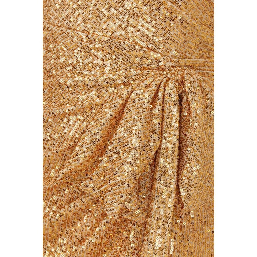 Mac Duggal Gold Sequined One Shoulder Draped Side Bow Mini Dress Size 2 - Picture 14 of 16